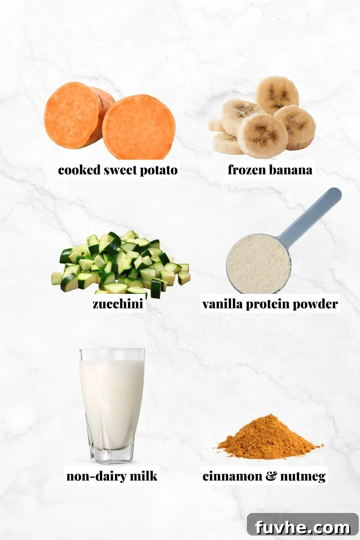 Velvet Sweet Potato Sip 3 Ingredients for a sweet potato smoothie: sweet potato, sliced banana, zucchini chunks, protein powder, milk and cinnamon.