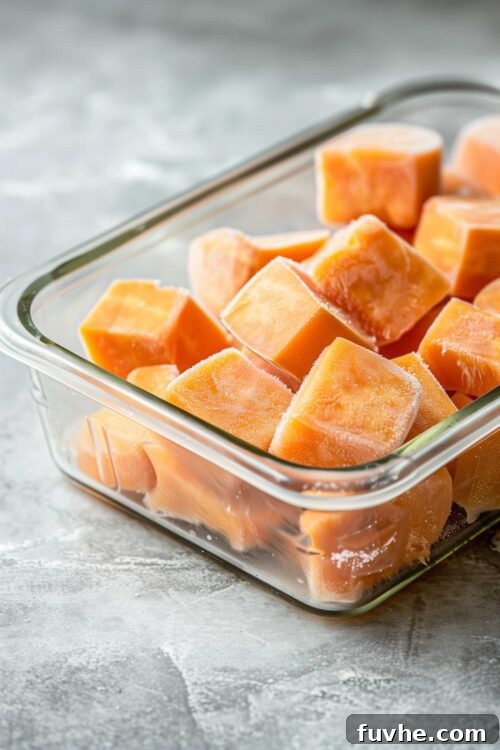 Velvet Sweet Potato Sip 5 Frozen sweet potato cubes in a glass container.