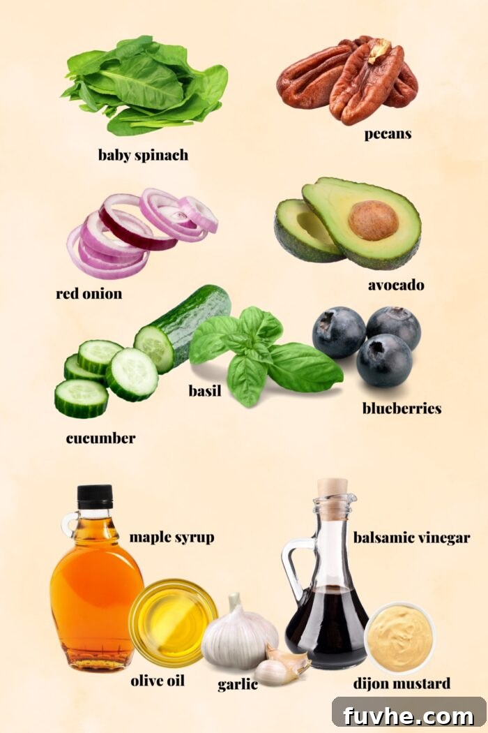 All ingredients needed for making a vegan blueberry spinach salad with pecans, cucumber, avocado and balsamic dressing, neatly arranged and labelled.
