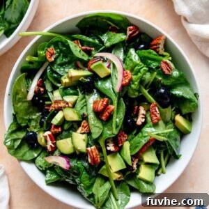 Blueberry spinach salad with sliced red onion, pecans, blueberries and cucumber in a bowl.
