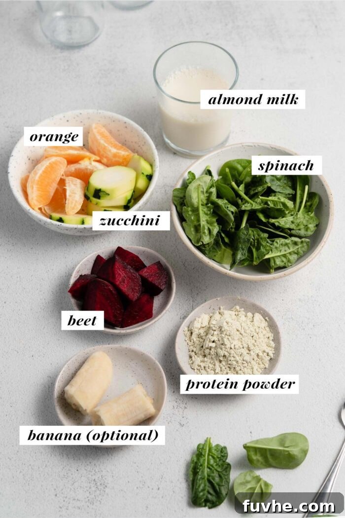 Visual guide to ingredients for a beet orange protein smoothie, with each ingredient clearly labeled.