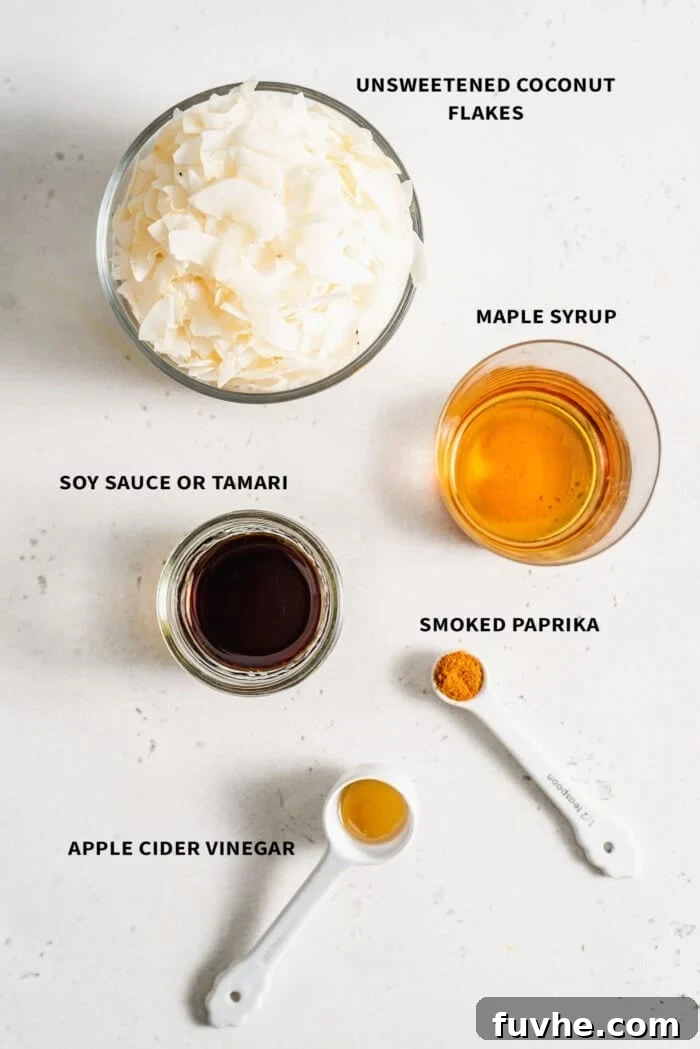Smoky Coconut Crisps 3 Ingredients needed to make coconut bacon: maple syrup, soy sauce, paprika, coconut flakes and apple cider vinegar.