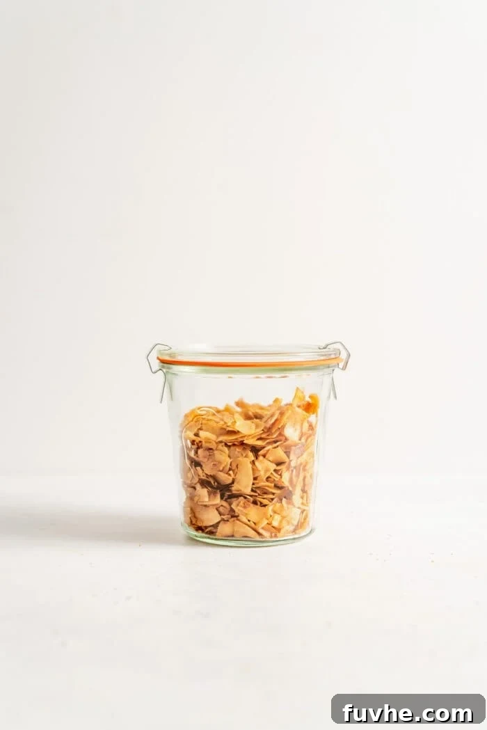 Smoky Coconut Crisps 9 A sealed glass Weck Jar of vegan coconut bacon.