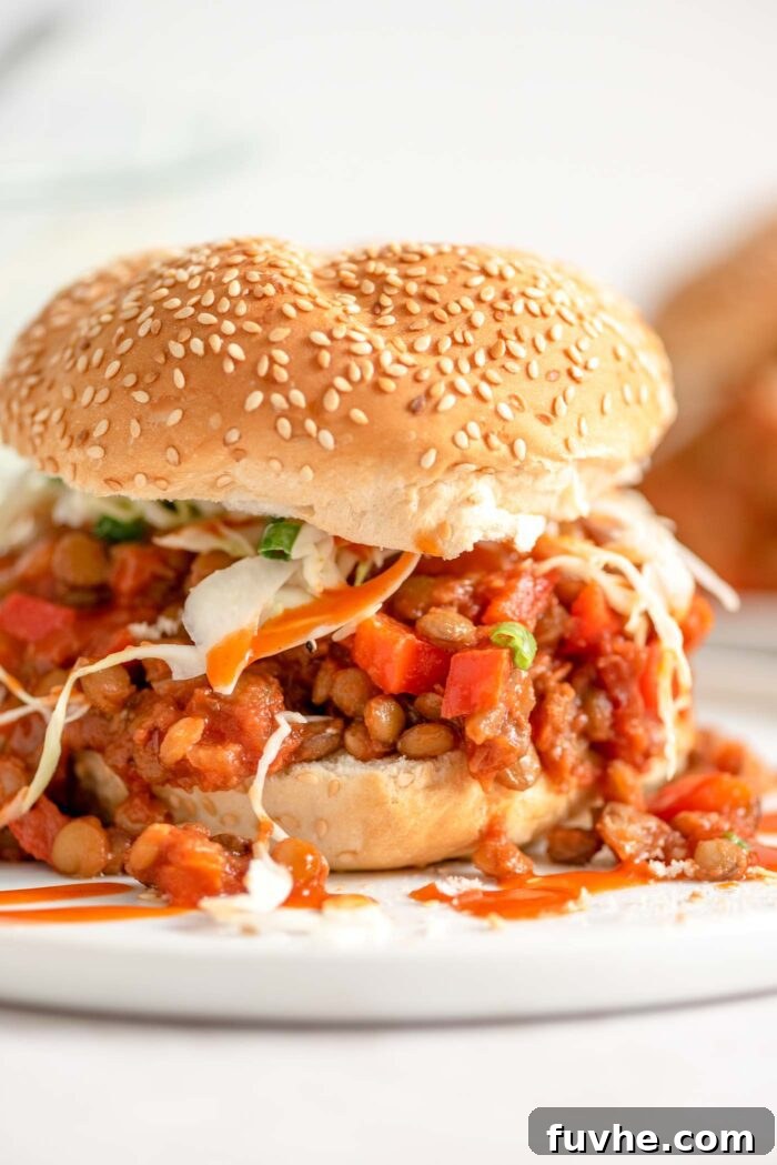 A lentil vegan sloppy joe sandwich with cabbage slaw drizzled with hot sauce on a plate, showcasing a complete and appetizing meal.
