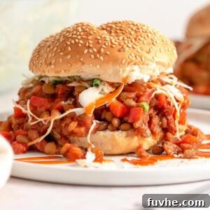 A sloppy joe on a plate. The sloppy joe filling is made from lentils and topped with a cabbage slaw.