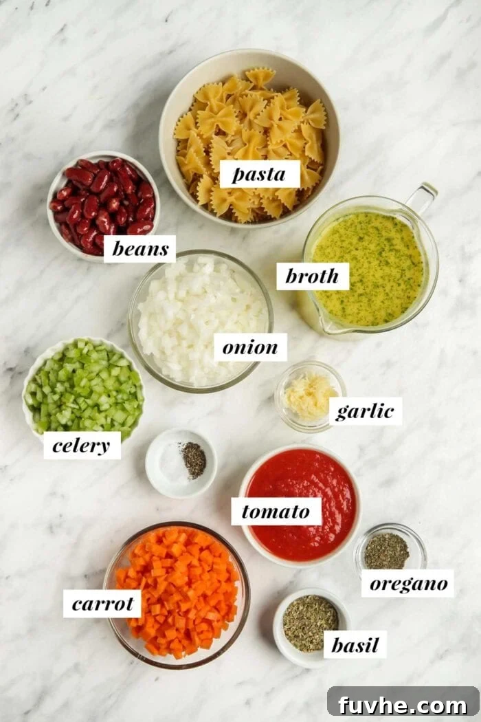 Hearty Plant-Based Minestrone 3 Visual of fresh ingredients laid out and labelled for making a minestrone soup recipe.