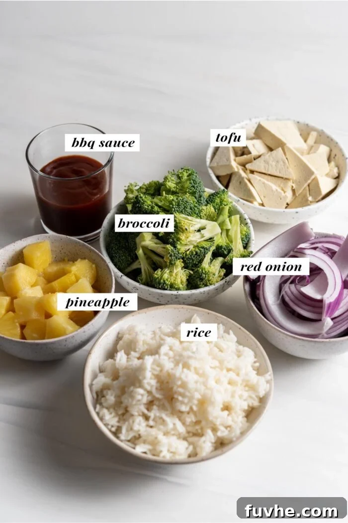 A visual guide of the ingredients needed to create delicious vegan BBQ tofu bowls, clearly labelled for easy identification.