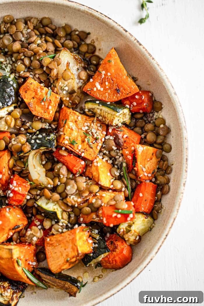 Overhead image of a bowl of roasted vegetables and lentils, ready to be enjoyed.
