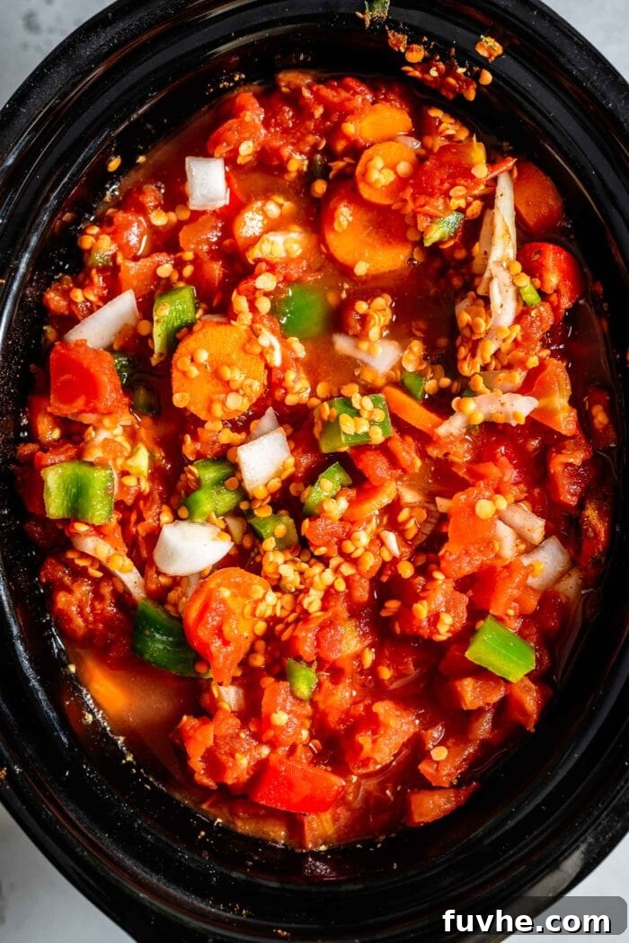 Close-up shot of a slow cooker filled with a rich mixture of diced tomatoes, uncooked red lentils, and colorful vegetables, all stirring together to form the chili base.