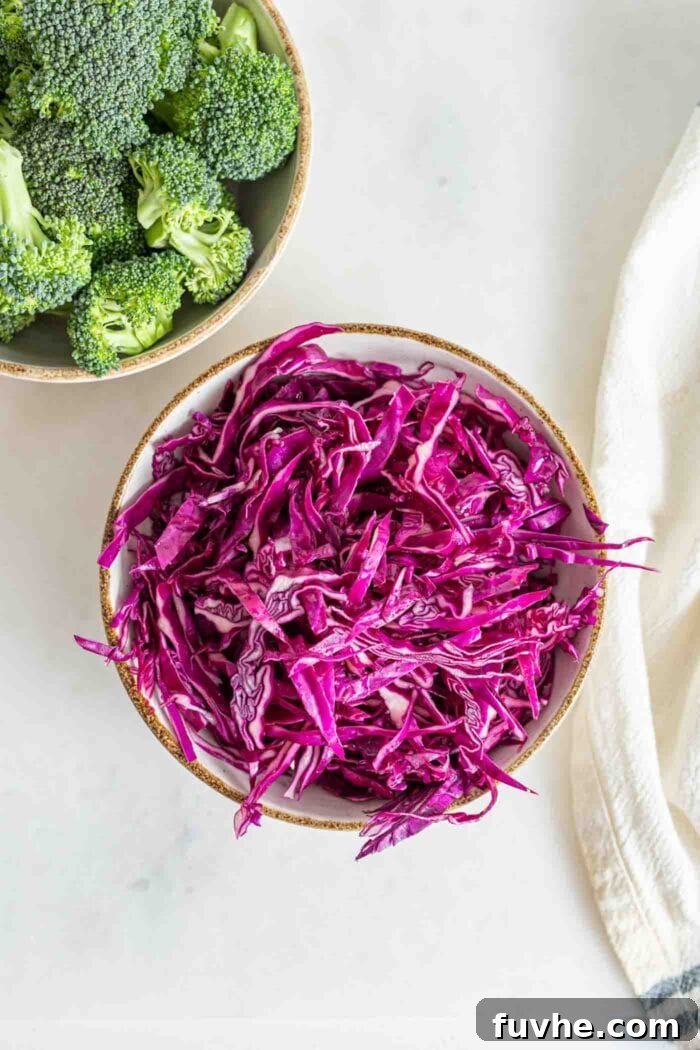 Shredded red cabbage in a bowl.