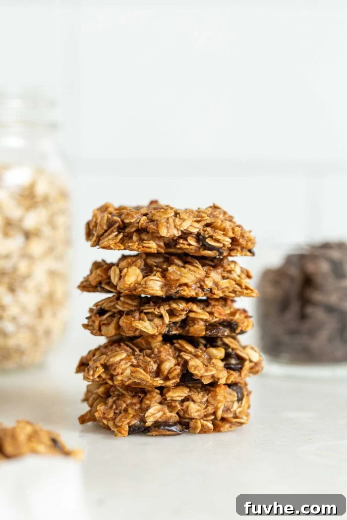 Stack of 5 oatmeal chocolate chips cookies with jars of oats and chocolate chips in the background.