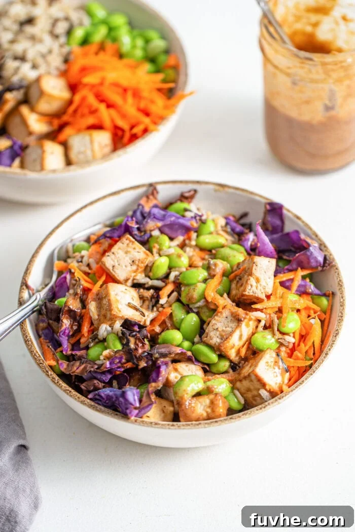 Colourful bowl of rice, tofu, edamame, cabbage and grated carrot.