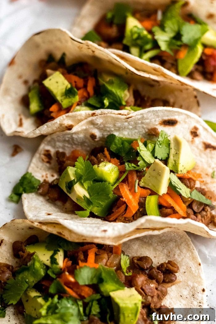 Close-up shot of a single vegan lentil taco in a corn tortilla, generously filled with savory lentil meat and topped with fresh cilantro, crunchy carrots, and creamy avocado.