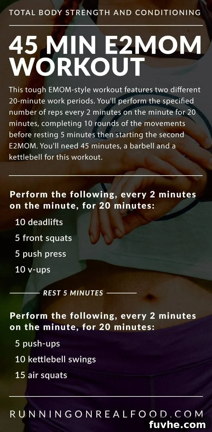 Detailed instructions for a 45-minute E2MOM full-body conditioning workout designed to build strength and endurance with barbell and kettlebell exercises.