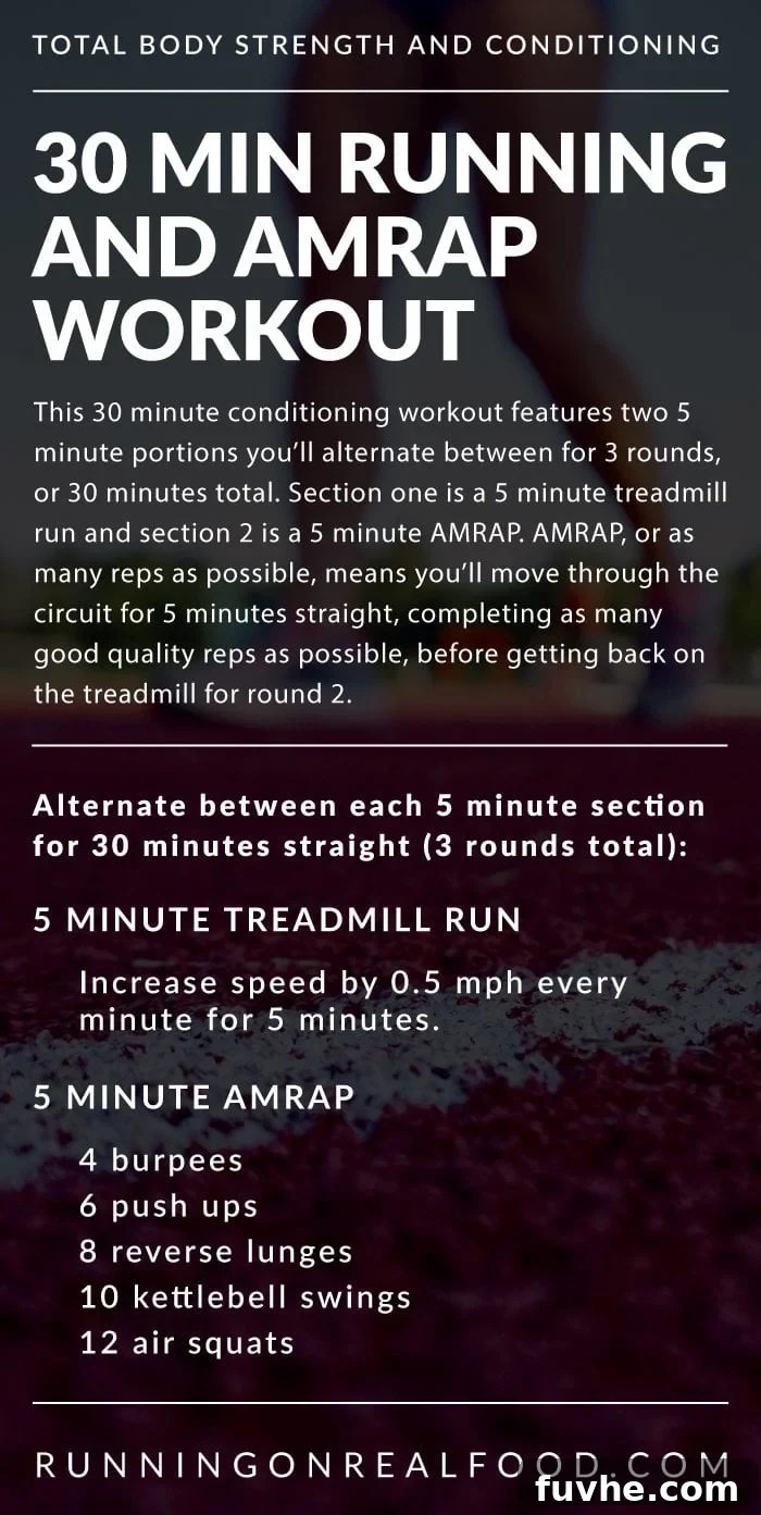 Instructions for a 30 minute running and amrap workout for strength and conditioning.