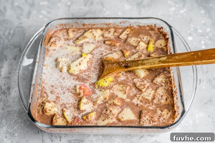 Almond milk, chopped apple, cinnamon, banana and steel cut oats in a glass baking dish with a wooden spoon. Ingredients combined for baked oatmeal.