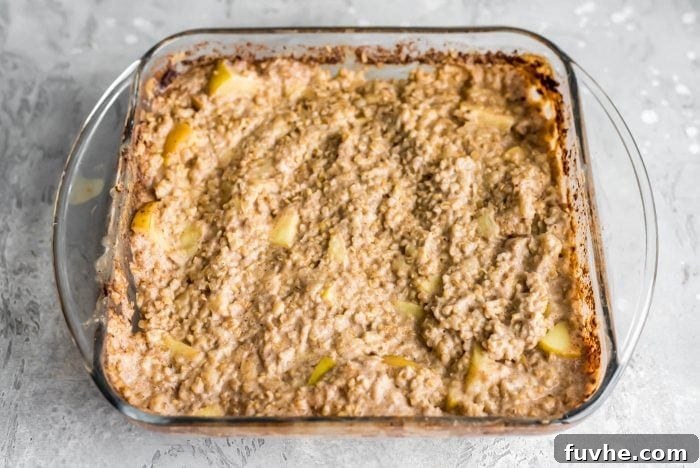 Baked steel cut oats in a glass baking dish, fresh from the oven.
