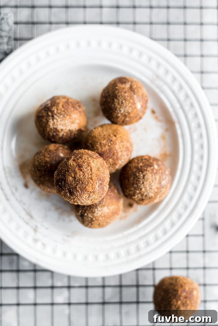 Cinnamon Sugar Bliss Bites 3 Vegan cinnamon sugar balls stacked neatly on a white plate, showcasing their rustic coating.