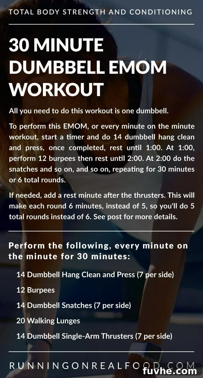 Instructions for a 30 minute dumbbell EMOM workout, featuring an athlete performing a single dumbbell snatch, demonstrating proper form and intensity during a high-energy training session.