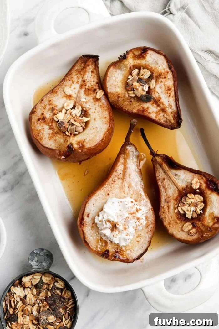 Snack Smarter: 31 Plant-Based Bites 11 Baked pears topped with maple syrup and whipped cream in a baking dish.