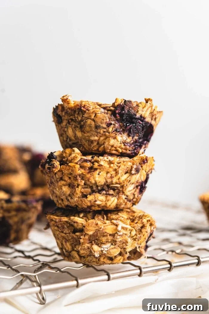 Snack Smarter: 31 Plant-Based Bites 9 Stack of 3 baked blueberry baked oatmeal cups on a cooling rack.
