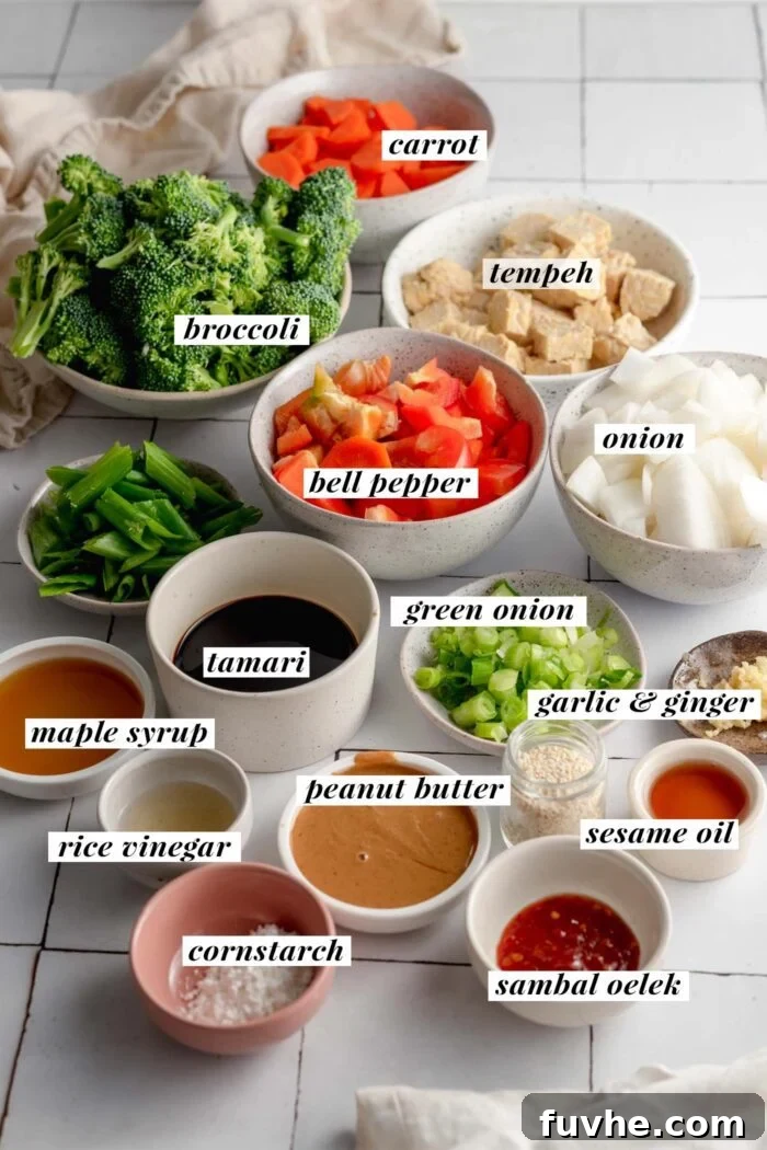 Golden Tempeh Wok Medley 3 A beautiful flat lay of all the fresh ingredients needed for a vegetarian tempeh stir fry. Bowls of tempeh cubes, vibrant broccoli, sliced carrots, red bell pepper, and chopped onion are arranged alongside small dishes of stir-fry sauce ingredients like tamari, rice vinegar, maple syrup, peanut butter, and chili garlic sauce, ready for cooking.