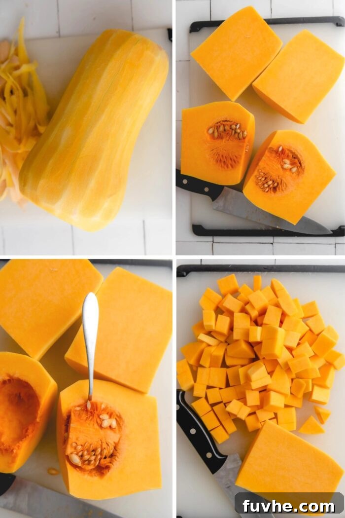 A visual guide showing how to efficiently peel and cube a butternut squash, with step-by-step images.
