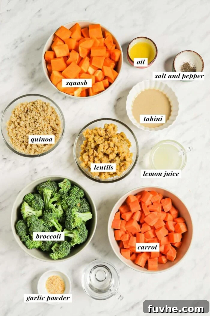 The various ingredients gathered for making a lentil quinoa bowl with tahini dressing. Each ingredient is labelled with text.