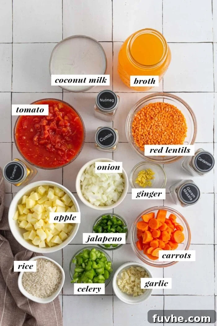 All of the ingredients neatly laid out for making a vegan mulligatawny soup recipe.