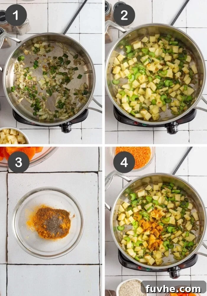 Visual step-by-step instructions for making mulligatawny soup, showing vegetables sautéing.