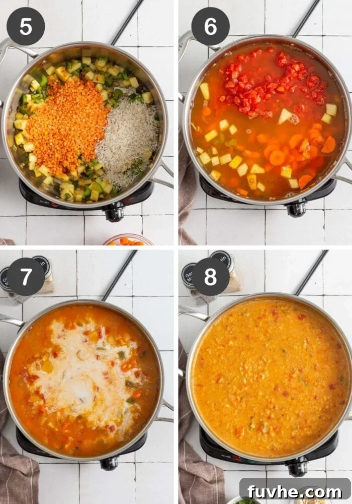 Visual step-by-step instructions for making mulligatawny soup, showing ingredients simmering.