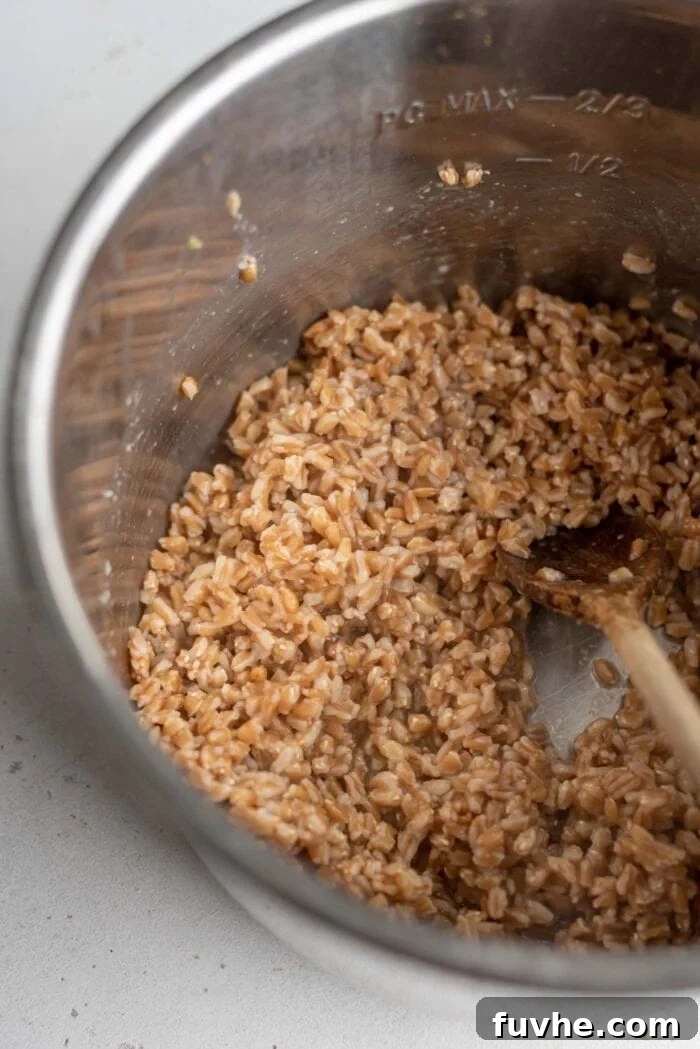Perfect Instant Pot Farro 6 A close-up view of perfectly cooked, fluffy farro inside an Instant Pot, with steam gently rising, signifying it's ready to be served or incorporated into a delicious meal.