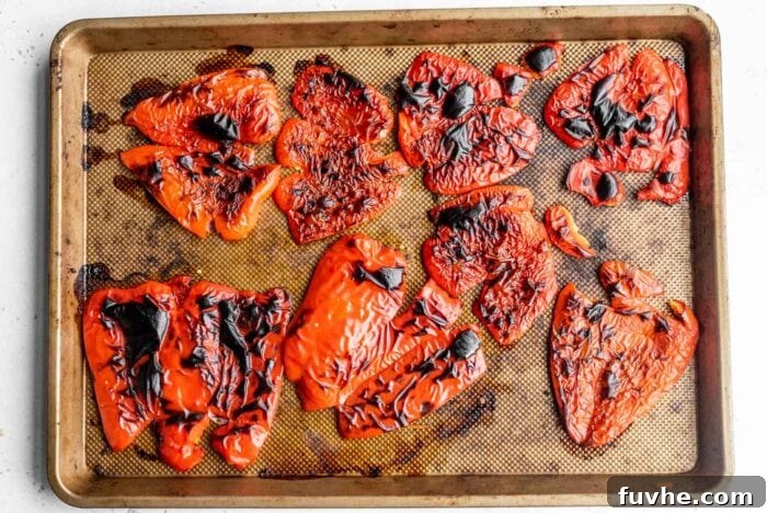 Perfect Roasted Peppers 6 Beautifully roasted red peppers, their skins charred and blistered, are spread on a baking tray straight from the oven.