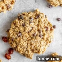 A close up of a oatmeal cookie with raisins and chocolate chips, tempting and ready to be enjoyed.