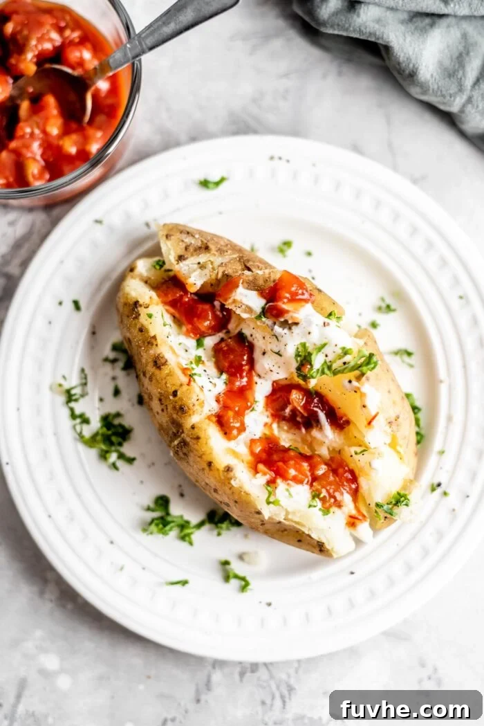 Perfect Instant Pot Baked Potatoes 2 Overhead shot of a baked potato with sour cream, parsley and salsa on a small white plate.