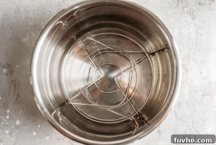 Perfect Instant Pot Baked Potatoes 3 Overhead image of an Instant Pot filled with 1 cup cold water and a trivet.