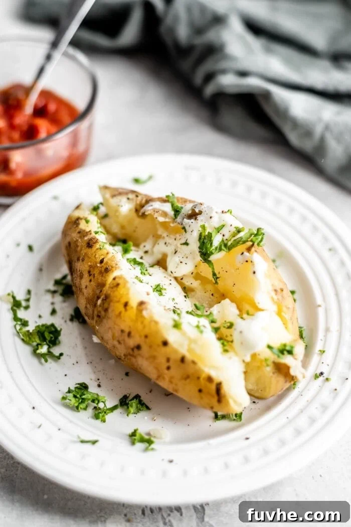 Perfect Instant Pot Baked Potatoes 7 A baked potato with sour cream and parsley with a bowl of salsa in the background.