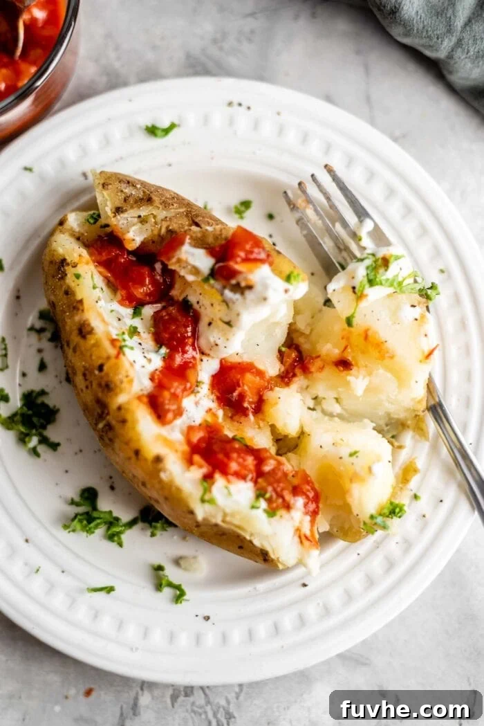 Perfect Instant Pot Baked Potatoes 10 A baked potato topped with sour cream and salsa on a plate with a fork.