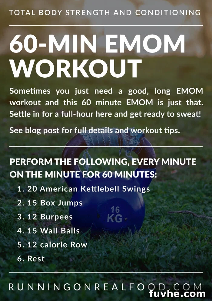 The 60 Minute EMOM Crucible 2 Instructions for a 60 minute EMOM workout, showcasing various exercises like kettlebell swings, box jumps, burpees, wall balls, and rowing.