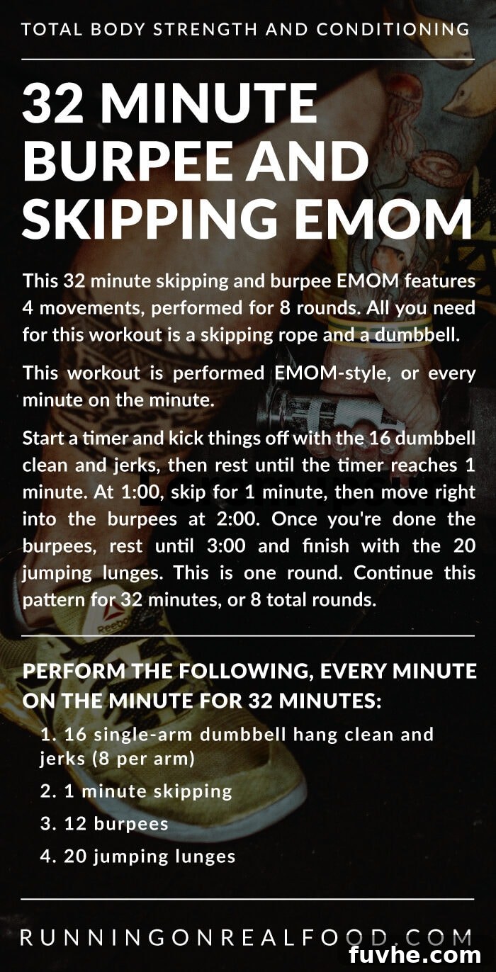 Workout instructions for a 32 minute dumbbell and skipping EMOM workout, showcasing the movements in an energetic fitness setting.