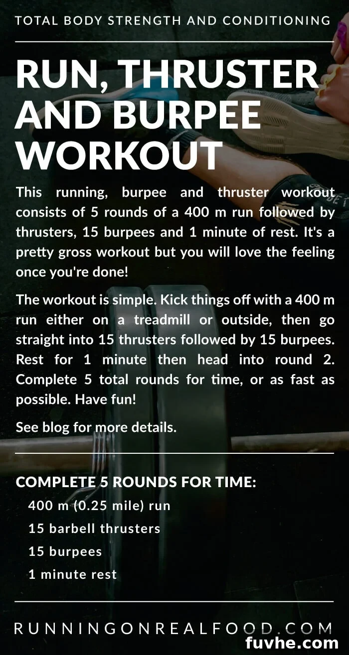 RBT Triple Threat 2 Workout instructions for a running, burpee and thruster workout, showcasing intensity and full-body engagement.