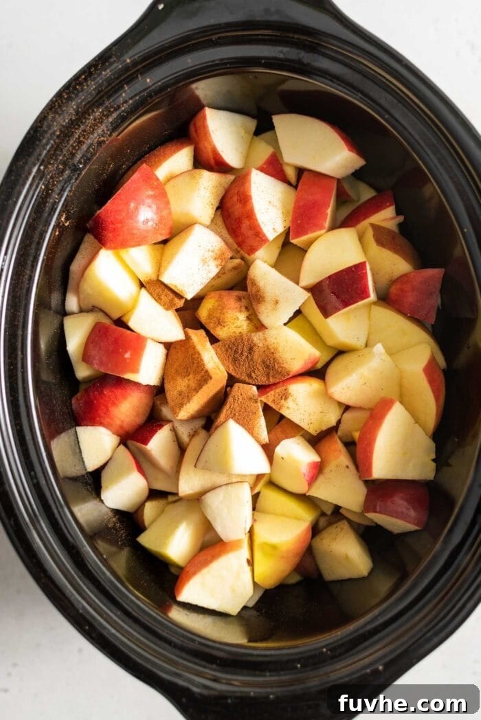 Chopped apples with cinnamon and nutmeg in a slow cooker.