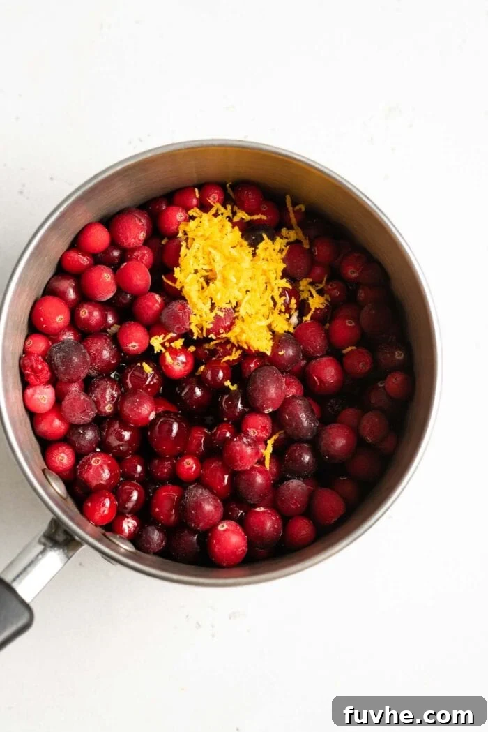 Artisan Cranberry Preserve 4 Whole cranberries, maple syrup, and orange zest simmering together in a medium-sized saucepan, creating a vibrant sauce.