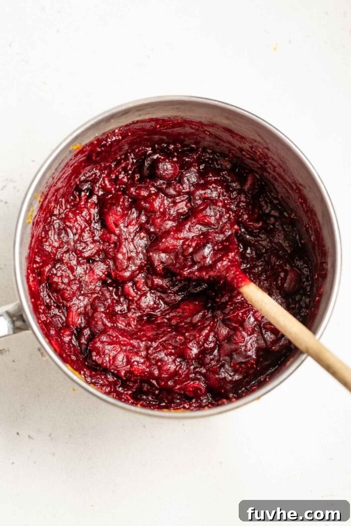 Artisan Cranberry Preserve 5 Thick, glossy cranberry orange sauce simmering in a saucepan with a wooden spoon, ready to be cooled.