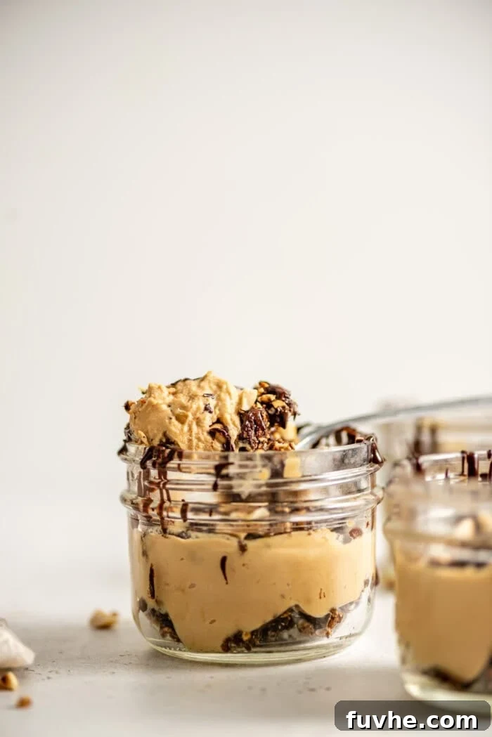 An inviting close-up of a spoonful of vegan peanut butter mousse, topped with finely chopped peanuts and a swirl of melted chocolate, showcasing its rich texture and appealing garnishes.
