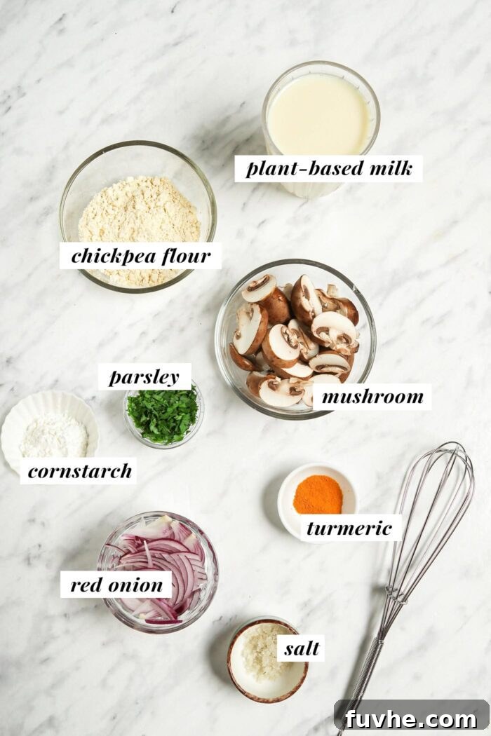 Fluffy Plant-Based Chickpea Omelette 3 Ingredients needed for making a chickpea flour omelette.