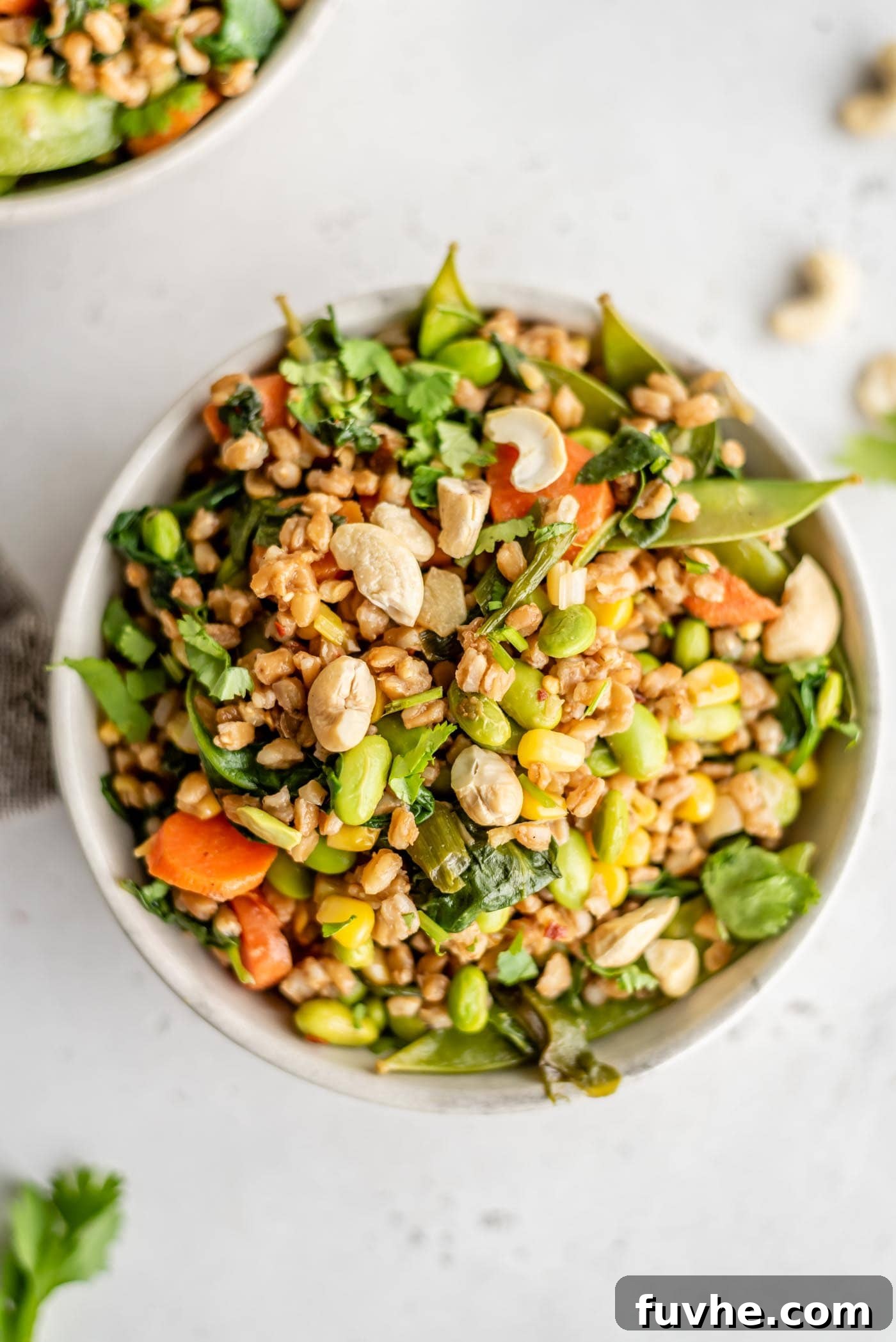 A vibrant bowl of vegan fried farro, featuring visible carrots, snow peas, edamame, and spinach, garnished with fresh herbs.