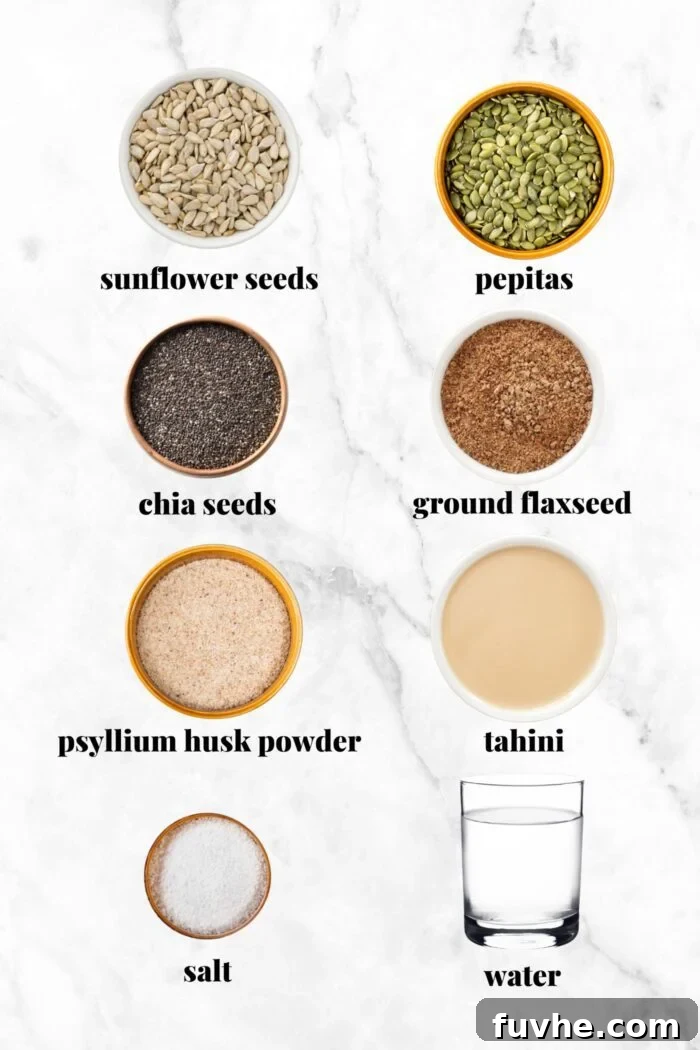 A vibrant collage displaying all the essential ingredients laid out for making a vegan, gluten-free seed bread, each item clearly labeled for easy identification.