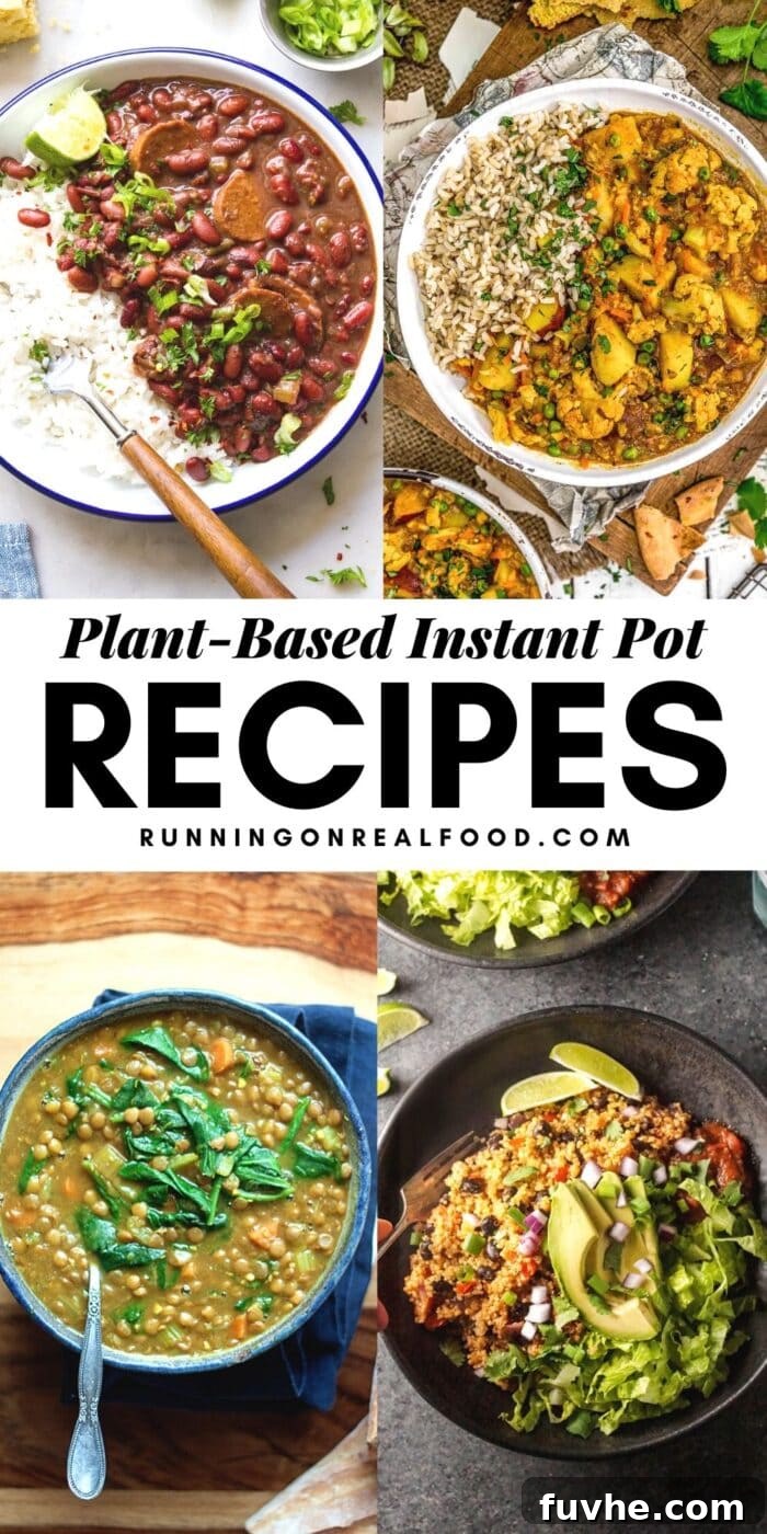 Pinterest graphic with an images and text for Plant-Based Instant Pot Recipes. Showcasing various delicious plant-based dishes made in an Instant Pot, highlighting convenience and health.