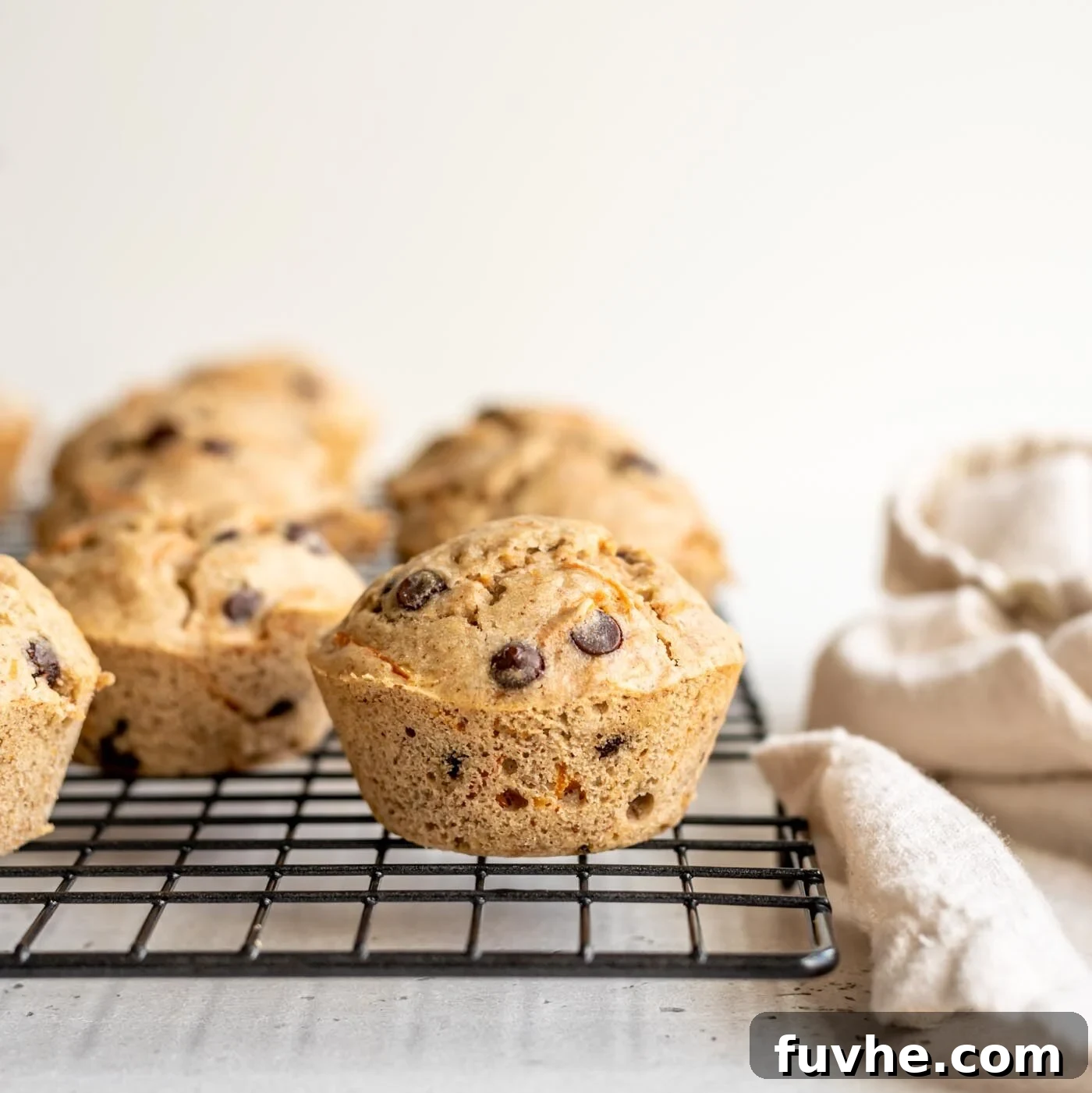 Freshly baked chocolate chip muffins cooling on a wire rack.